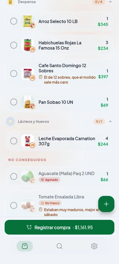 La sección No conseguidos con un aguacate agotado y unos tomates no frescos con su nota.
