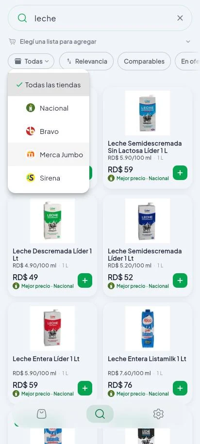 El buscador con el selector de tienda abierto: Nacional, Bravo, Merca Jumbo y Sirena.